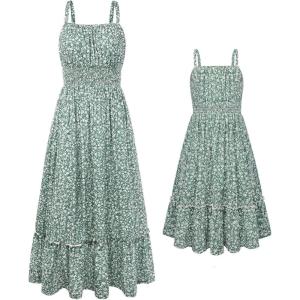 GRACE KARIN Mommy and Me Floral Smocked Dress,Spaghetti Strap Boho Dress,Summer Maxi Dress with Pockets(Green)