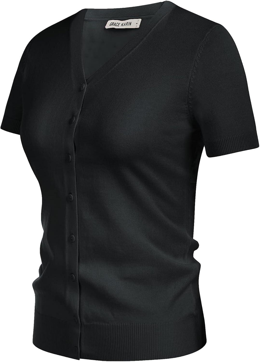 imageGRACE KARIN Womens Spring Short Sleeve Cardigan Sweaters 2026 Summer Lightweight Cropped Cardigan V Neck Casual Clothing TopsBlack