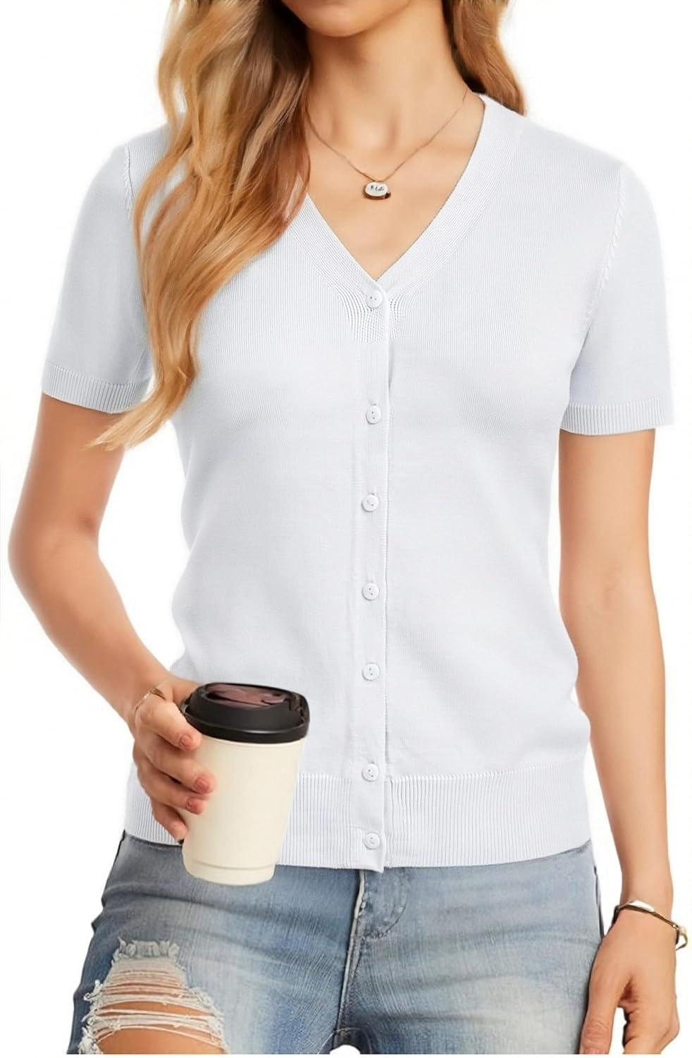 imageGRACE KARIN Womens Spring Short Sleeve Cardigan Sweaters 2026 Summer Lightweight Cropped Cardigan V Neck Casual Clothing TopsBright White