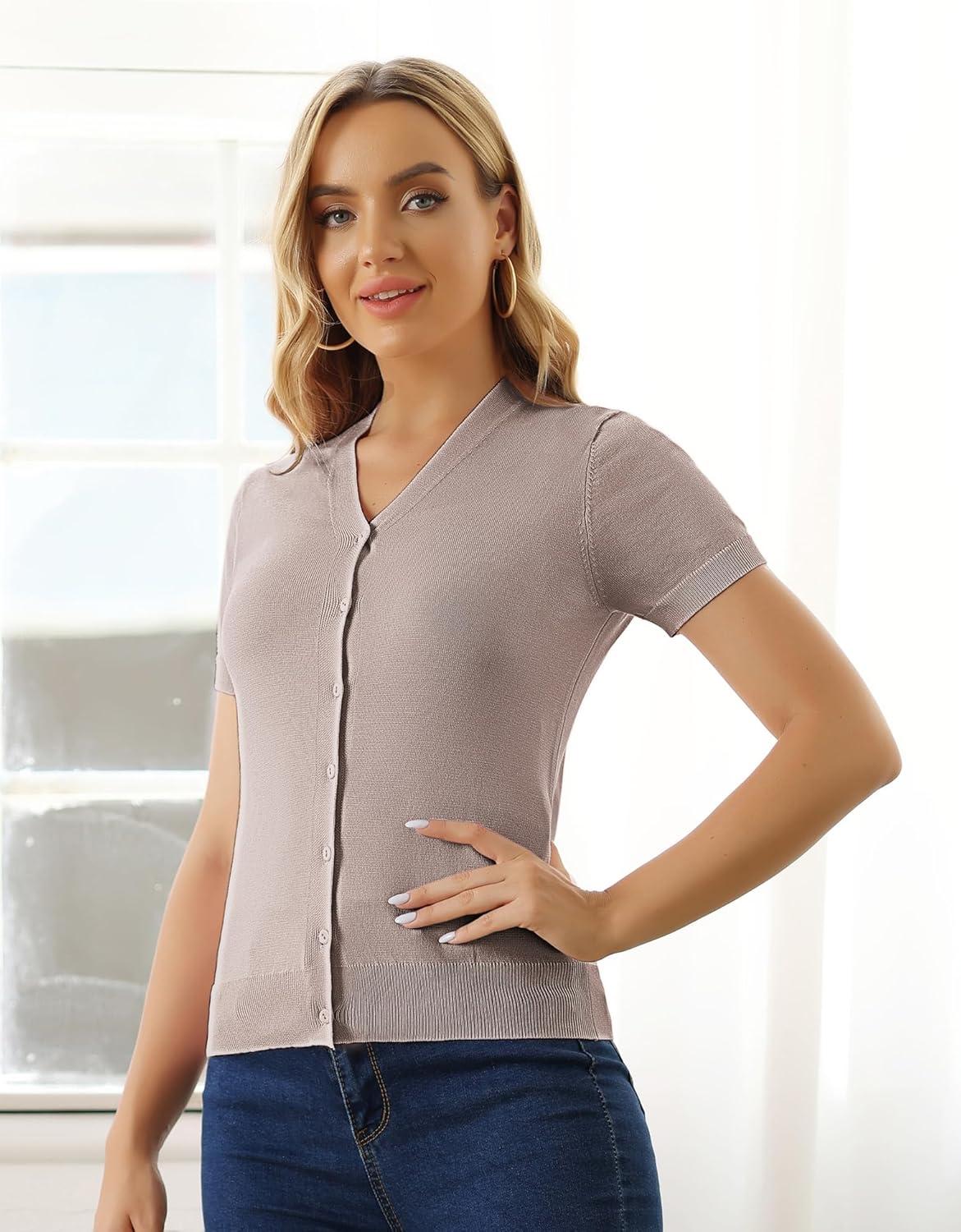 imageGRACE KARIN Womens Spring Short Sleeve Cardigan Sweaters 2026 Summer Lightweight Cropped Cardigan V Neck Casual Clothing TopsKhaki