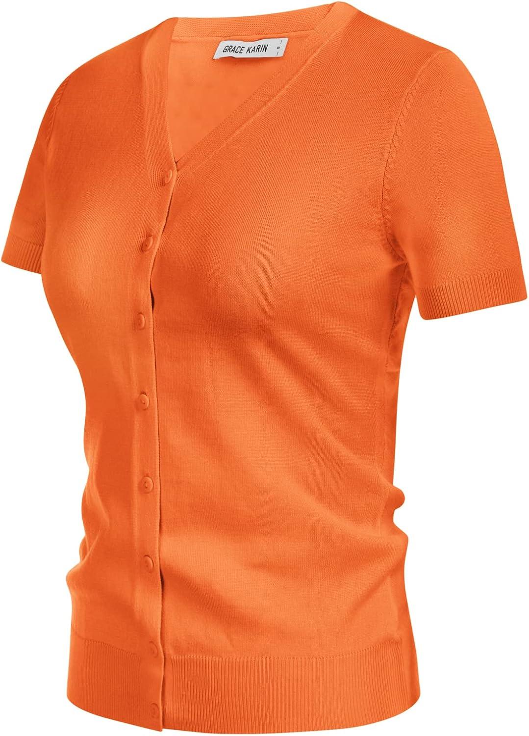 imageGRACE KARIN Womens Spring Short Sleeve Cardigan Sweaters 2026 Summer Lightweight Cropped Cardigan V Neck Casual Clothing TopsOrange