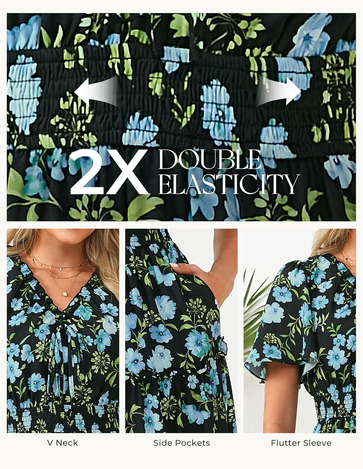 imageGRACE KARIN Womens Summer Floral Maxi Dresses 2026 Short Sleeve Casual Dress Flowy Beach Vacation Sundress with PocketsBlack Blue Floral