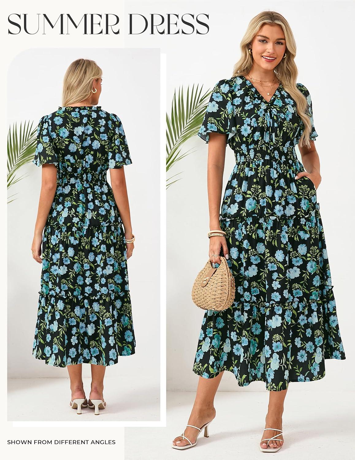 imageGRACE KARIN Womens Summer Floral Maxi Dresses 2026 Short Sleeve Casual Dress Flowy Beach Vacation Sundress with PocketsBlack Blue Floral