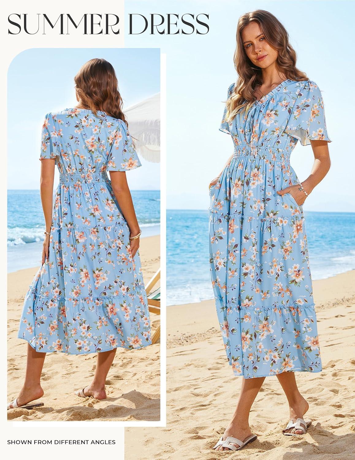 imageGRACE KARIN Womens Summer Floral Maxi Dresses 2026 Short Sleeve Casual Dress Flowy Beach Vacation Sundress with PocketsLight Blue Floral