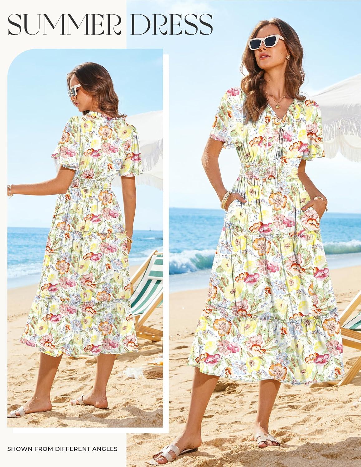 imageGRACE KARIN Womens Summer Floral Maxi Dresses 2026 Short Sleeve Casual Dress Flowy Beach Vacation Sundress with PocketsOrange Yellow Floral