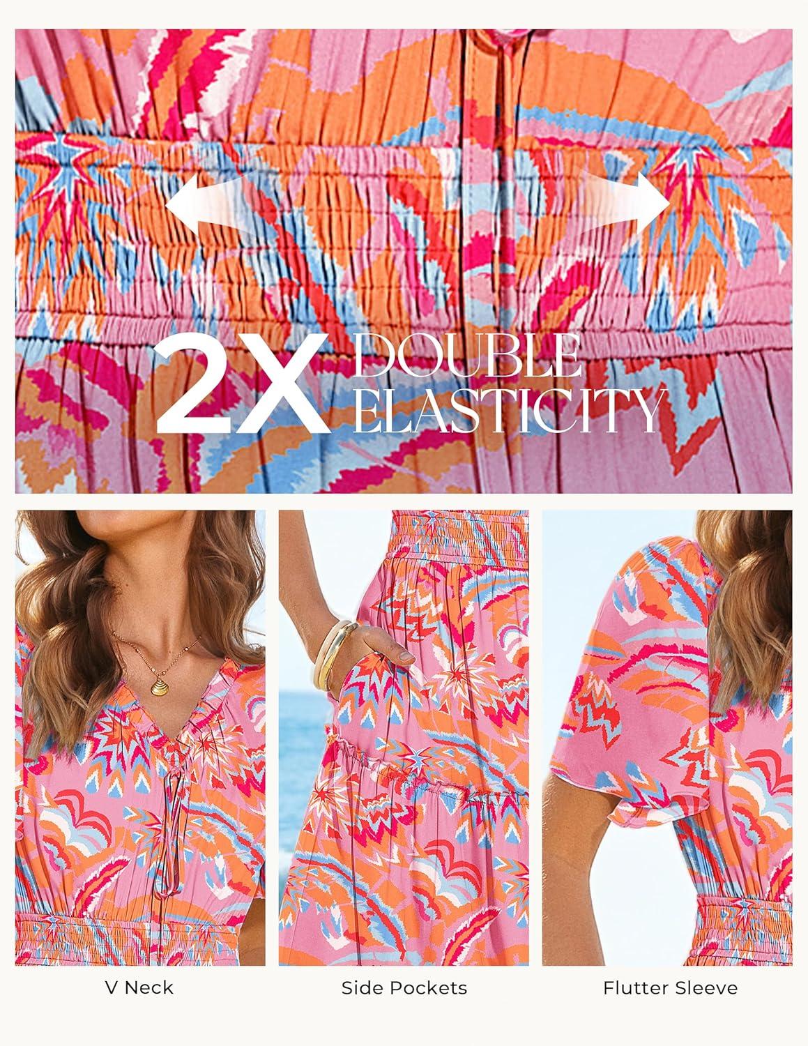 imageGRACE KARIN Womens Summer Floral Maxi Dresses 2026 Short Sleeve Casual Dress Flowy Beach Vacation Sundress with PocketsPink Floral