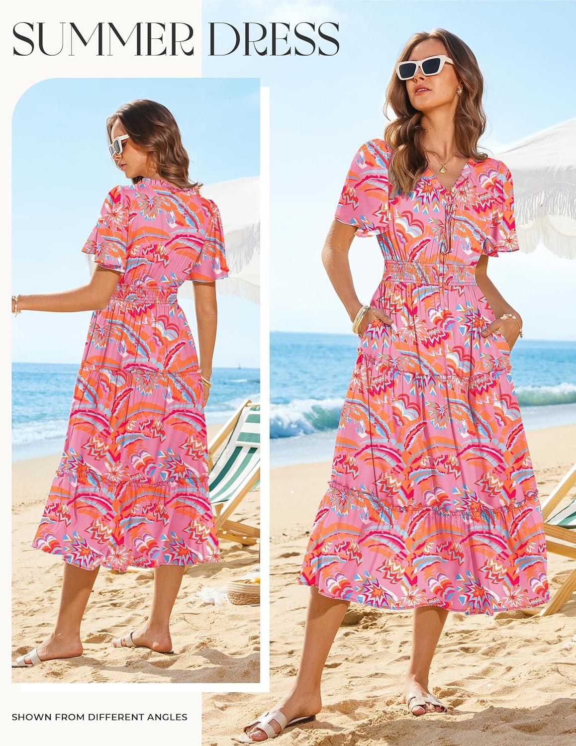 imageGRACE KARIN Womens Summer Floral Maxi Dresses 2026 Short Sleeve Casual Dress Flowy Beach Vacation Sundress with PocketsPink Floral
