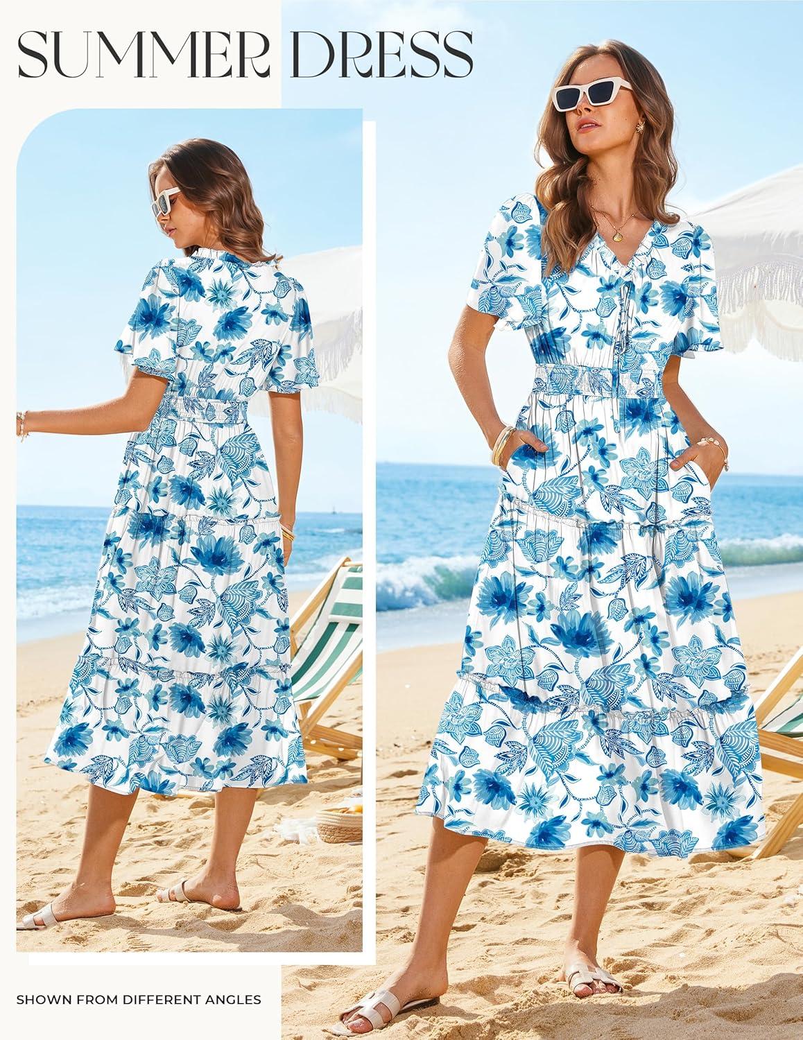 imageGRACE KARIN Womens Summer Floral Maxi Dresses 2026 Short Sleeve Casual Dress Flowy Beach Vacation Sundress with PocketsWhite Blue Floral