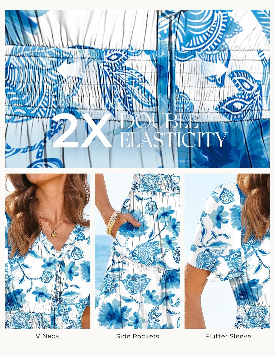 imageGRACE KARIN Womens Summer Floral Maxi Dresses 2026 Short Sleeve Casual Dress Flowy Beach Vacation Sundress with PocketsWhite Blue Floral