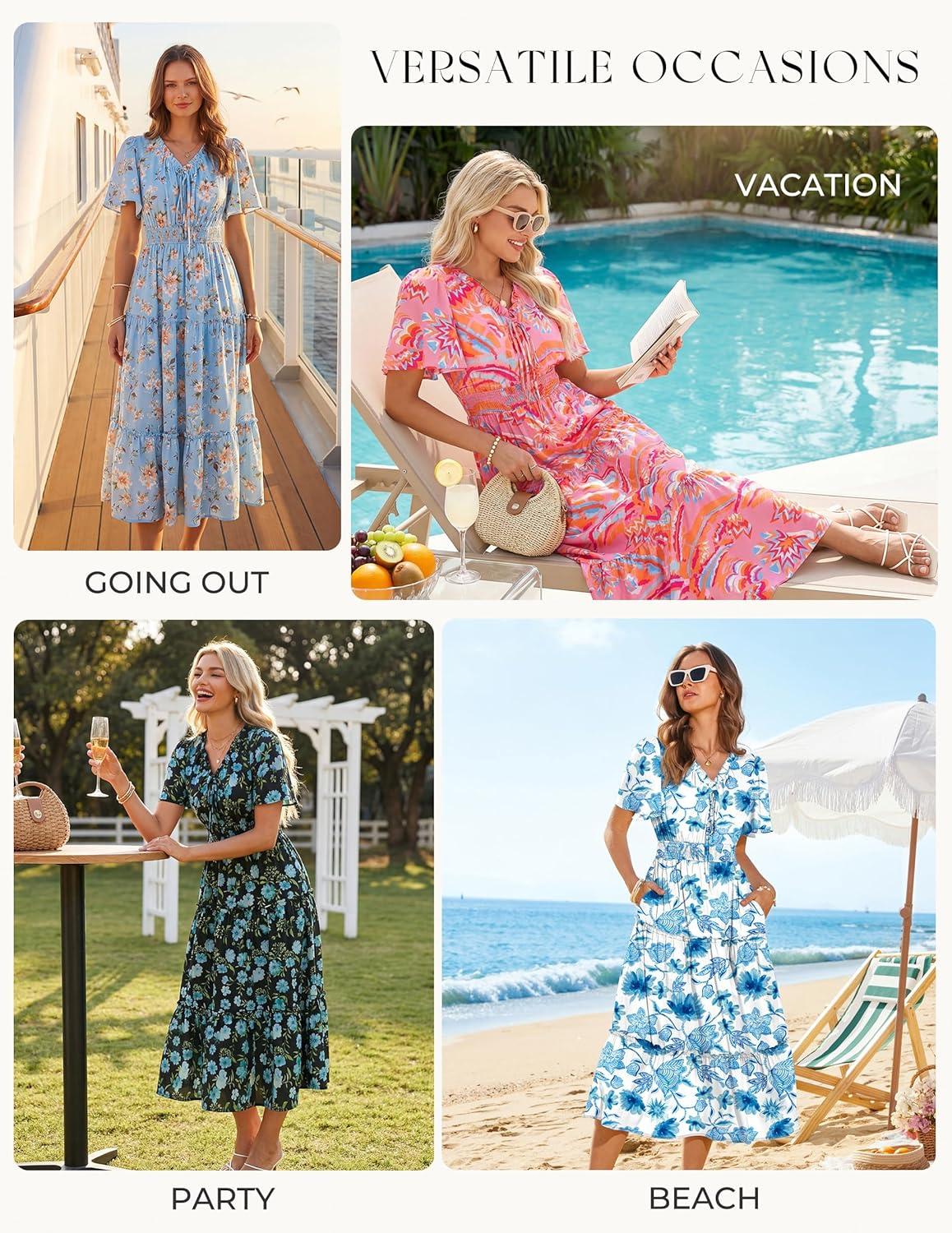 imageGRACE KARIN Womens Summer Floral Maxi Dresses 2026 Short Sleeve Casual Dress Flowy Beach Vacation Sundress with PocketsWhite Blue Floral