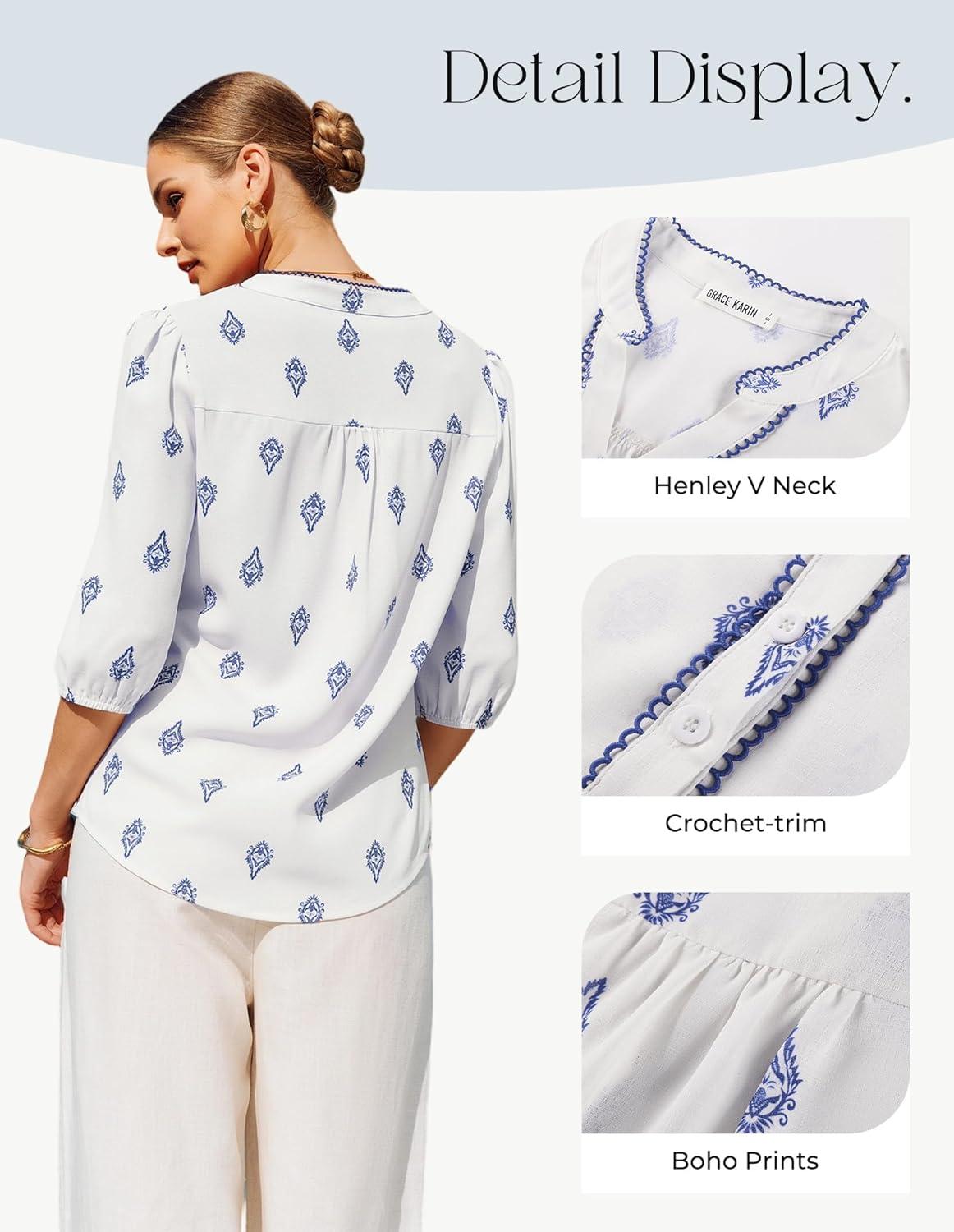 imageGRACE KARIN Womens V Neck Summer Casual Tops2026 Fashion Floral Boho ShirtButton Up 34 Sleeve Blouses for VacationWhite Blue