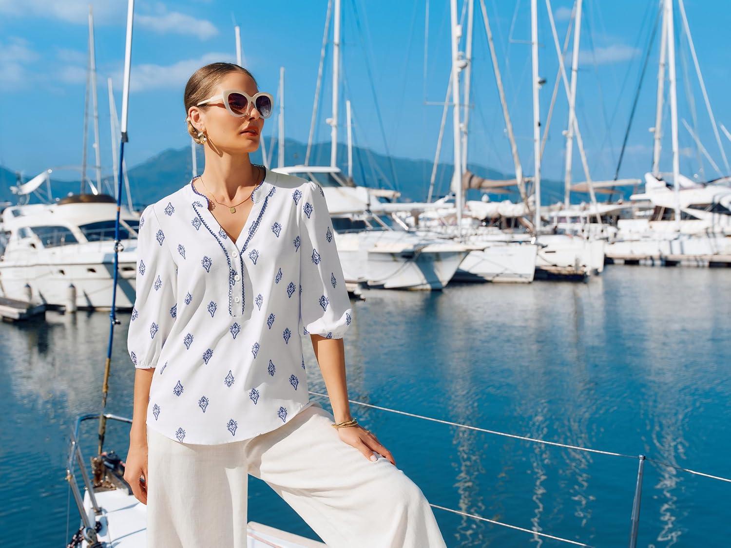 imageGRACE KARIN Womens V Neck Summer Casual Tops2026 Fashion Floral Boho ShirtButton Up 34 Sleeve Blouses for VacationWhite Blue