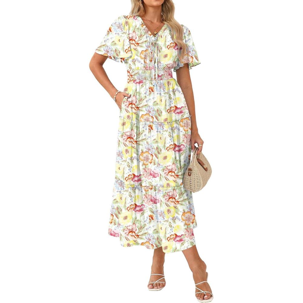 imageGRACE KARIN Womens Summer Floral Maxi Dresses 2026 Short Sleeve Casual Dress Flowy Beach Vacation Sundress with PocketsOrange Yellow Floral