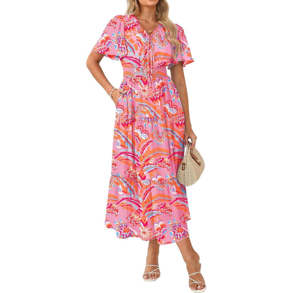 imageGRACE KARIN Womens Summer Floral Maxi Dresses 2026 Short Sleeve Casual Dress Flowy Beach Vacation Sundress with PocketsPink Floral
