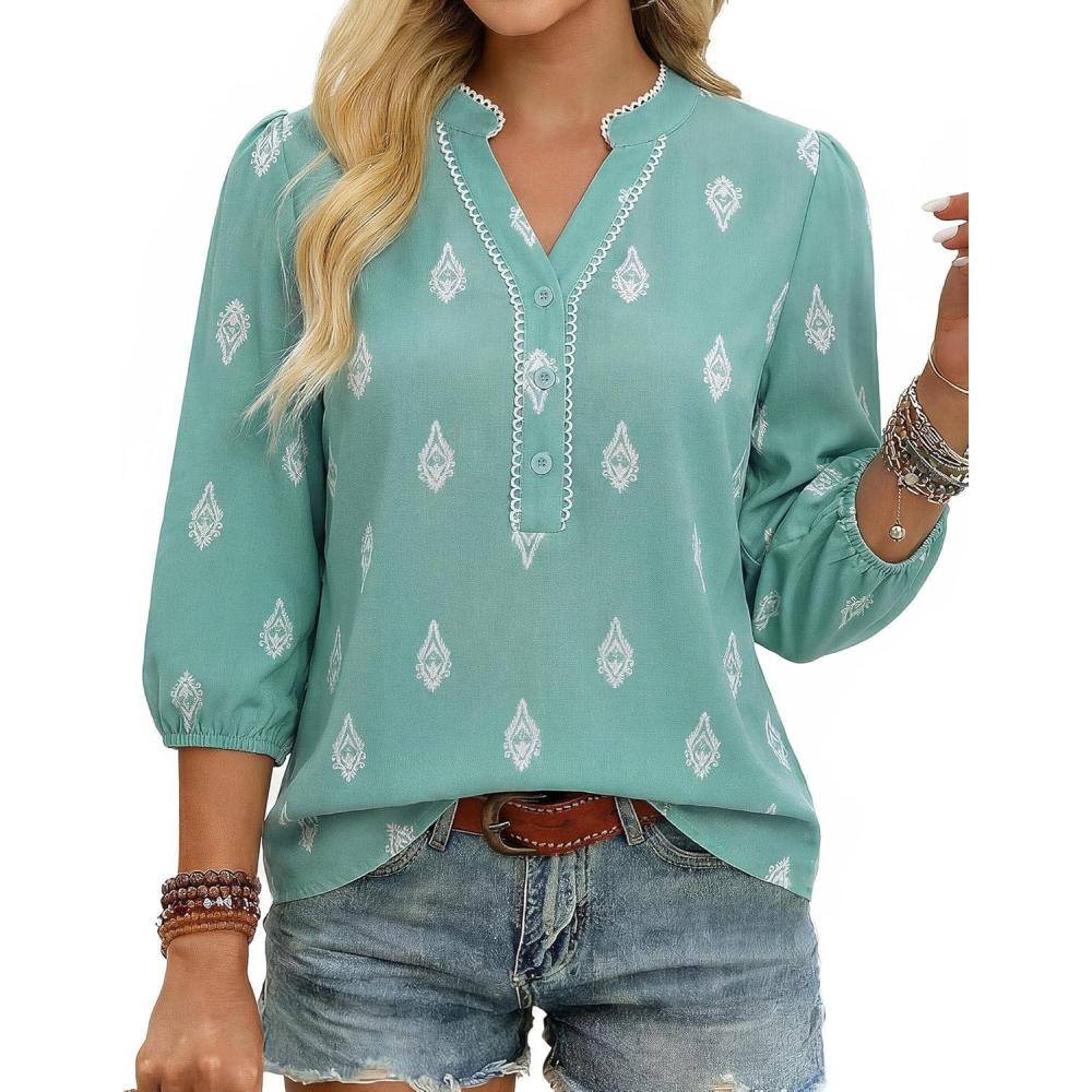 imageGRACE KARIN Womens V Neck Summer Casual Tops2026 Fashion Floral Boho ShirtButton Up 34 Sleeve Blouses for VacationLight Green