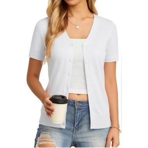 GRACE KARIN Womens Spring Short Sleeve Cardigan Sweaters 2026 Summer Lightweight Cropped Cardigan V Neck Casual Clothing Tops(Bright White)