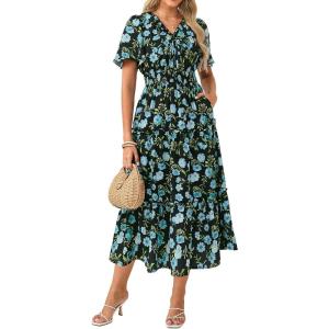 GRACE KARIN Womens Summer Floral Maxi Dresses 2026 Short Sleeve Casual Dress Flowy Beach Vacation Sundress with Pockets(Black Blue Floral)