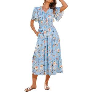 GRACE KARIN Womens Summer Floral Maxi Dresses 2026 Short Sleeve Casual Dress Flowy Beach Vacation Sundress with Pockets(Light Blue Floral)