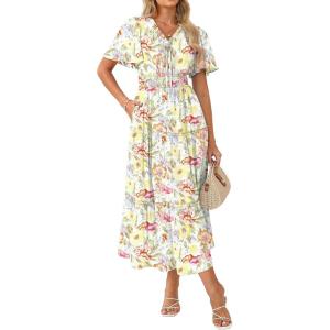 GRACE KARIN Womens Summer Floral Maxi Dresses 2026 Short Sleeve Casual Dress Flowy Beach Vacation Sundress with Pockets(Orange Yellow Floral)