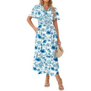 GRACE KARIN Womens Summer Floral Maxi Dresses 2026 Short Sleeve Casual Dress Flowy Beach Vacation Sundress with Pockets(White Blue Floral)