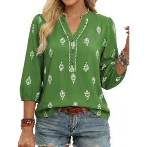 GRACE KARIN Women’s V Neck Summer Casual Tops,2026 Fashion Floral Boho Shirt,Button Up 3/4 Sleeve Blouses for Vacation(Dark Green)