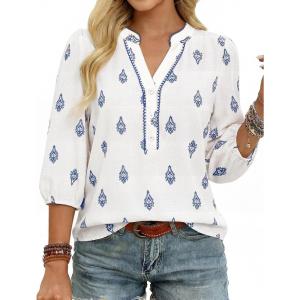 GRACE KARIN Women’s V Neck Summer Casual Tops,2026 Fashion Floral Boho Shirt,Button Up 3/4 Sleeve Blouses for Vacation(White Blue)
