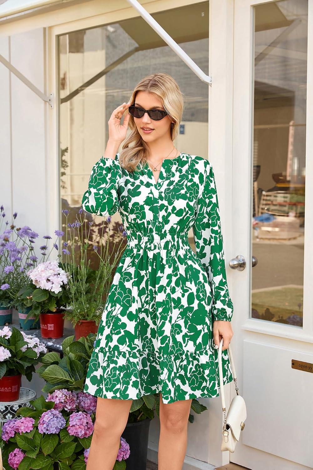 imageGRACE KARIN Spring Dresses for Women 2026Casual Long Sleeve Mini Dress Floral Wedding Guest Dress with PocketsDark Green Floral