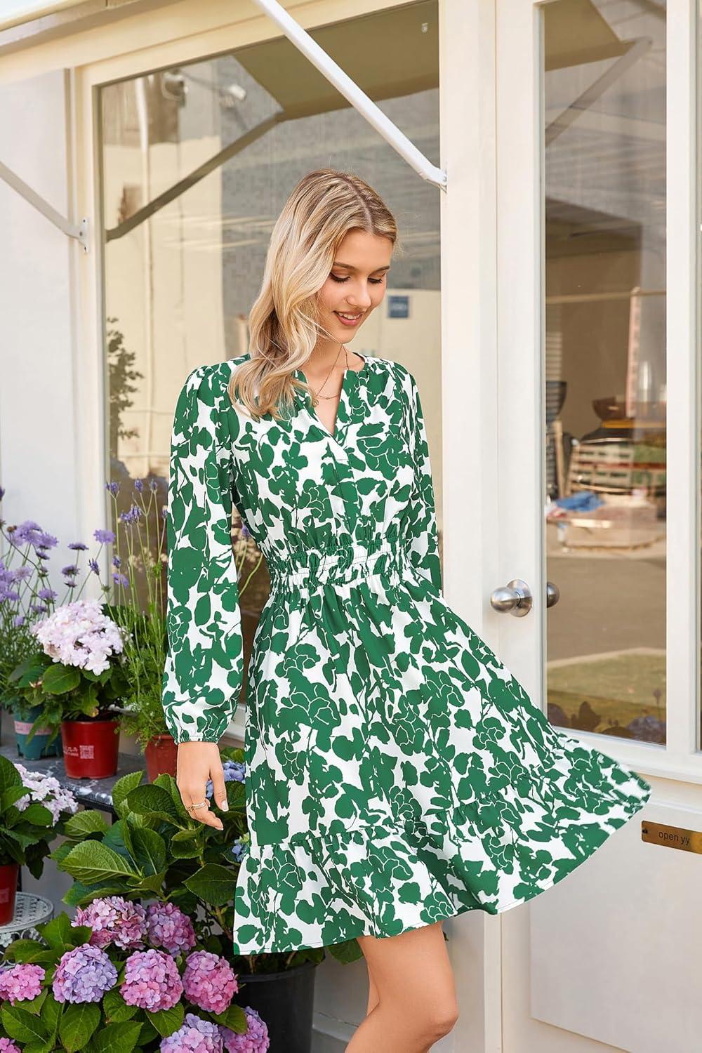 imageGRACE KARIN Spring Dresses for Women 2026Casual Long Sleeve Mini Dress Floral Wedding Guest Dress with PocketsDark Green Floral