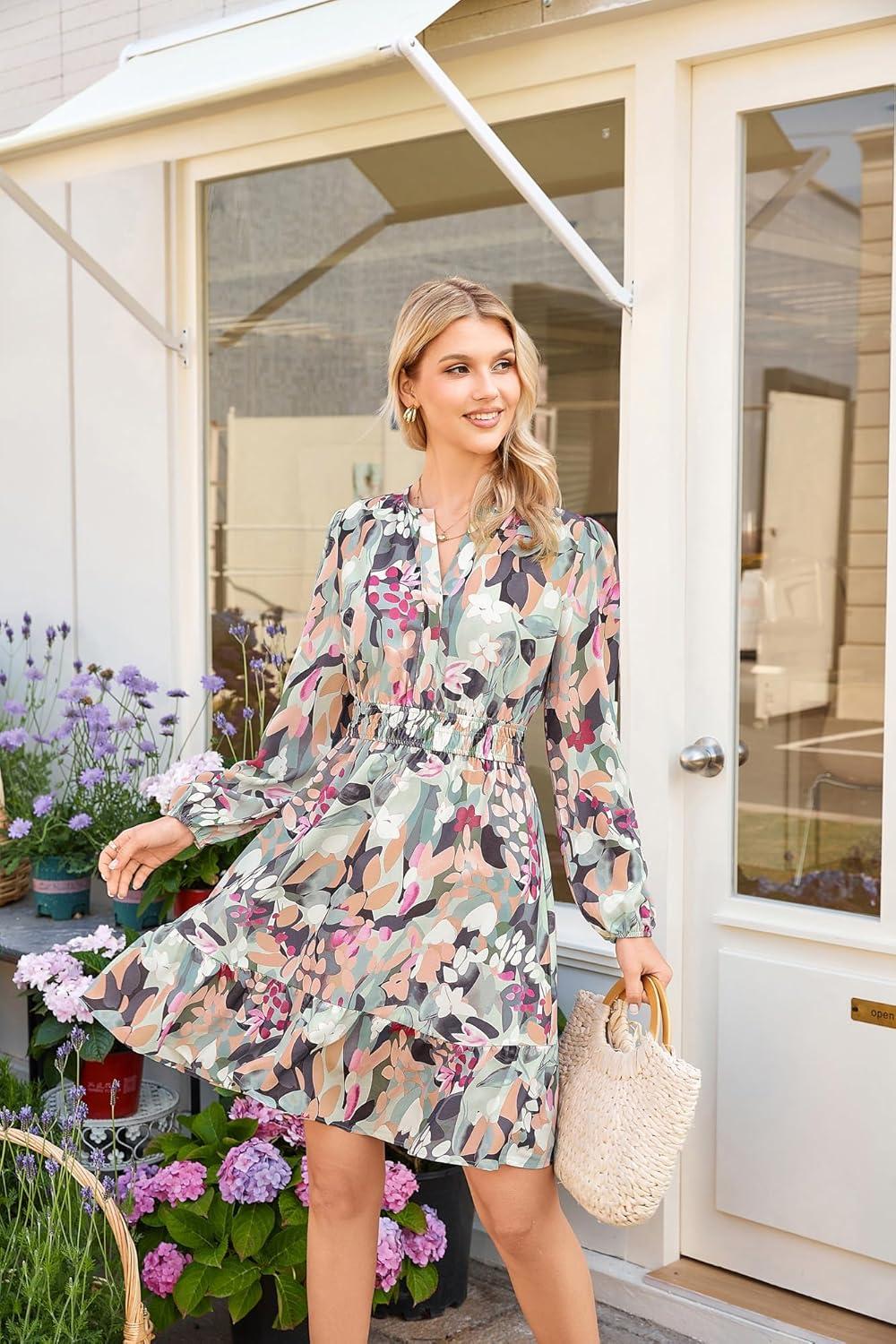 imageGRACE KARIN Spring Dresses for Women 2026Casual Long Sleeve Mini Dress Floral Wedding Guest Dress with PocketsGreen Floral