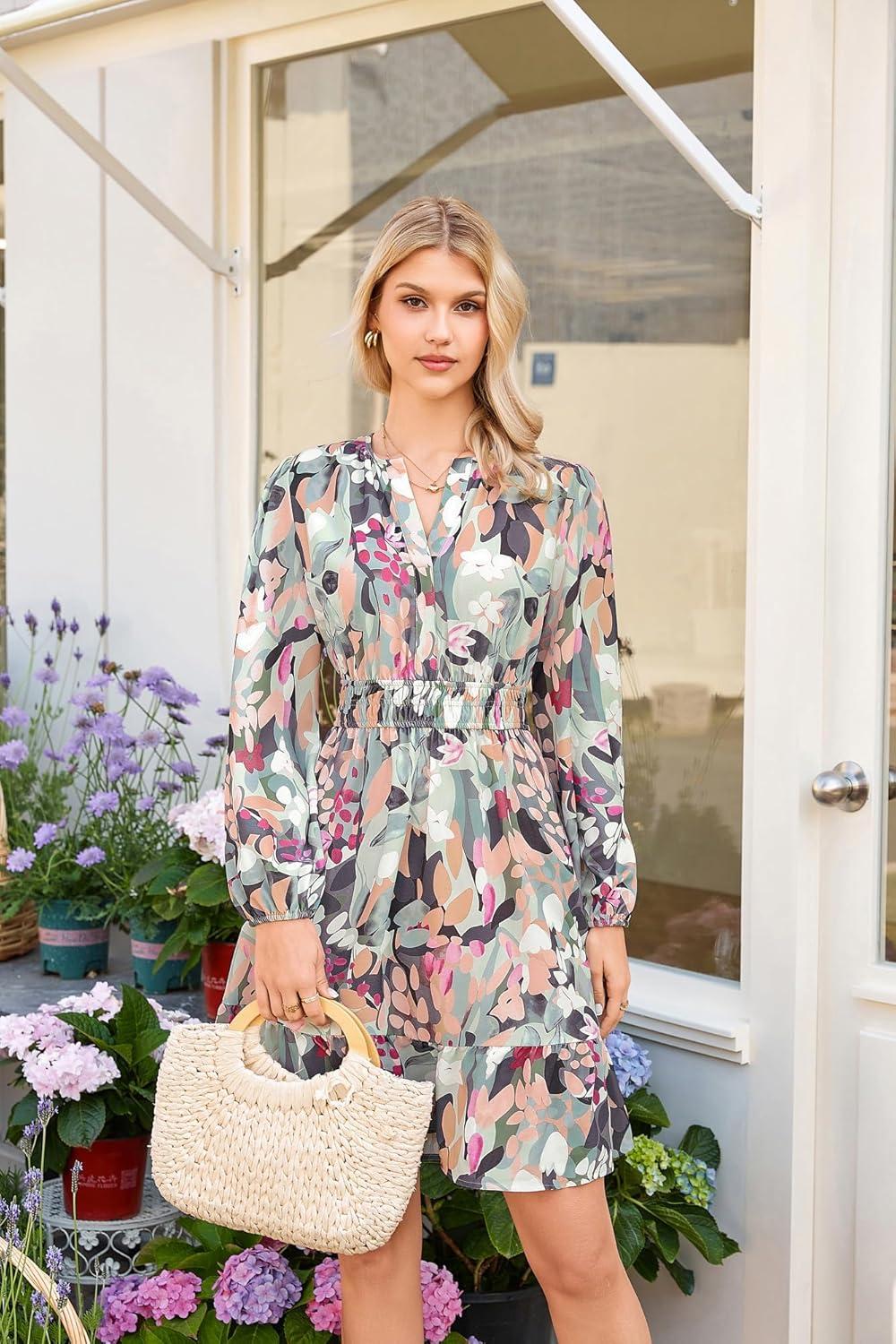 imageGRACE KARIN Spring Dresses for Women 2026Casual Long Sleeve Mini Dress Floral Wedding Guest Dress with PocketsGreen Floral