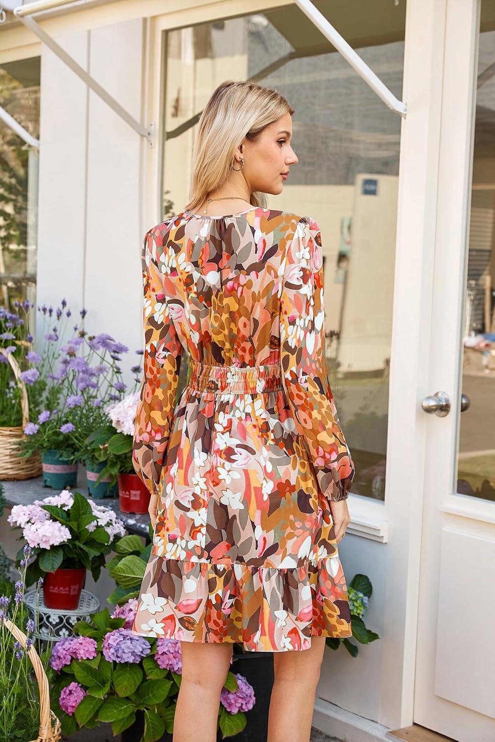 imageGRACE KARIN Spring Dresses for Women 2026Casual Long Sleeve Mini Dress Floral Wedding Guest Dress with PocketsKhaki Floral