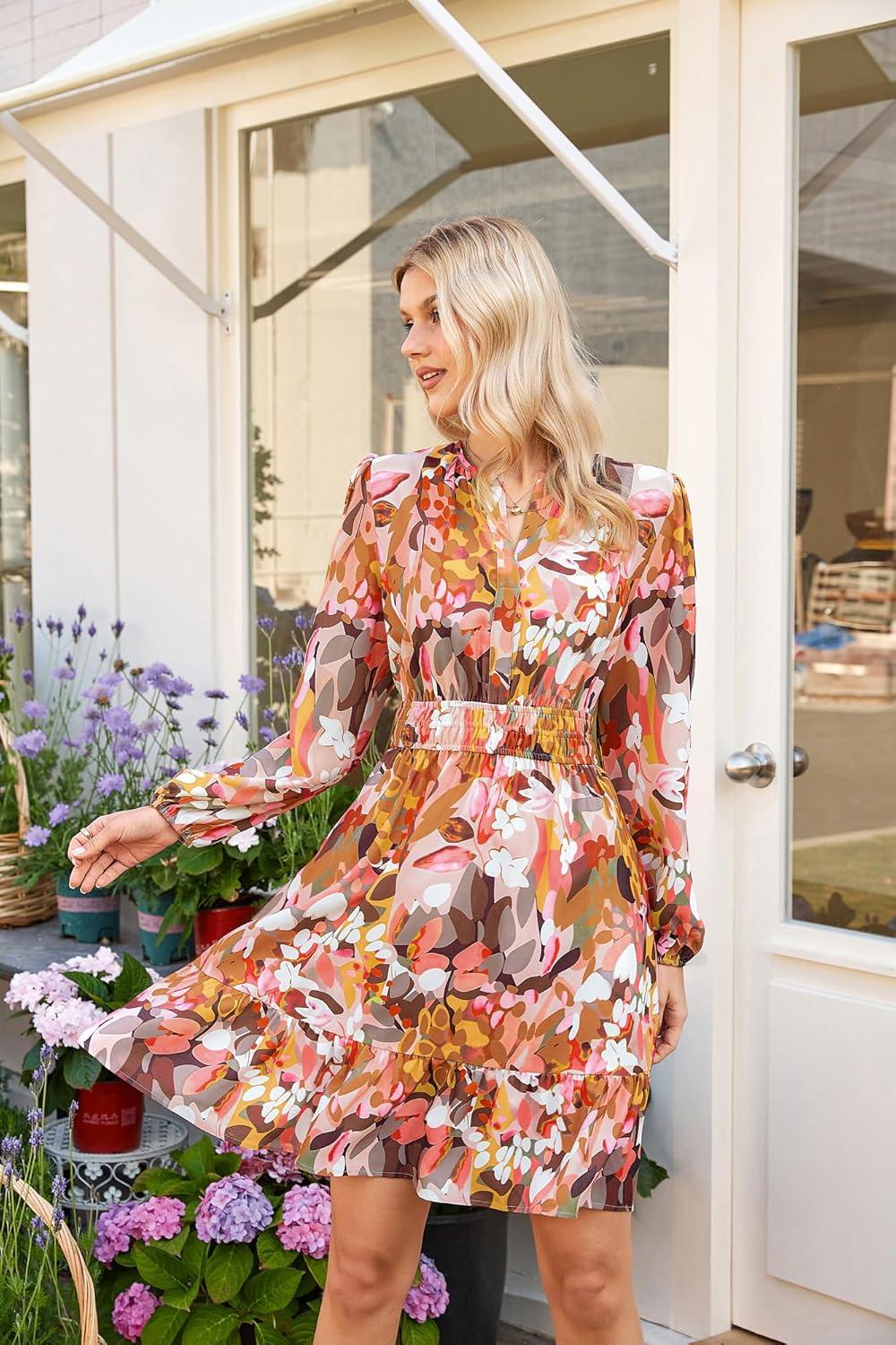 imageGRACE KARIN Spring Dresses for Women 2026Casual Long Sleeve Mini Dress Floral Wedding Guest Dress with PocketsKhaki Floral