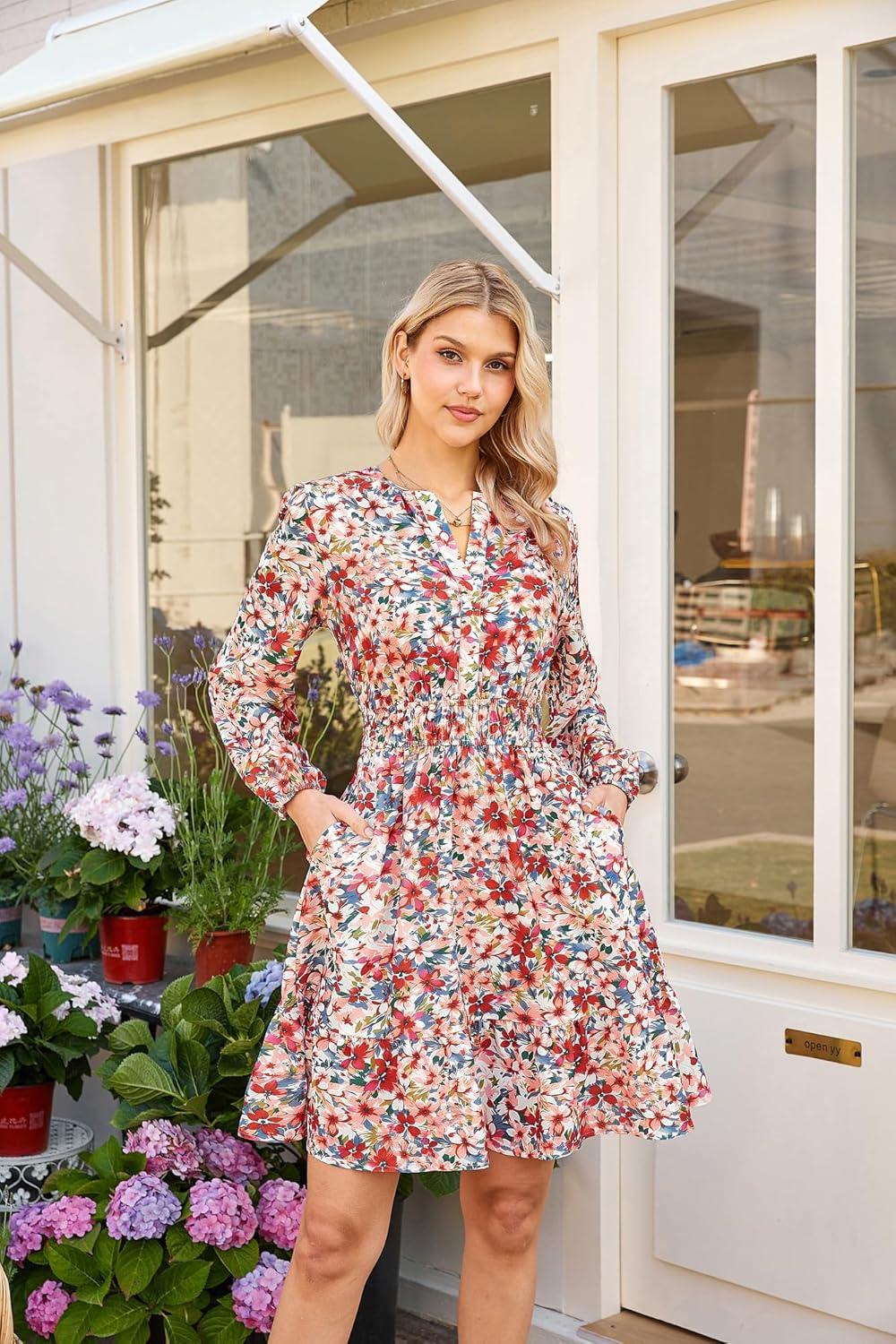 imageGRACE KARIN Spring Dresses for Women 2026Casual Long Sleeve Mini Dress Floral Wedding Guest Dress with PocketsMulticolored