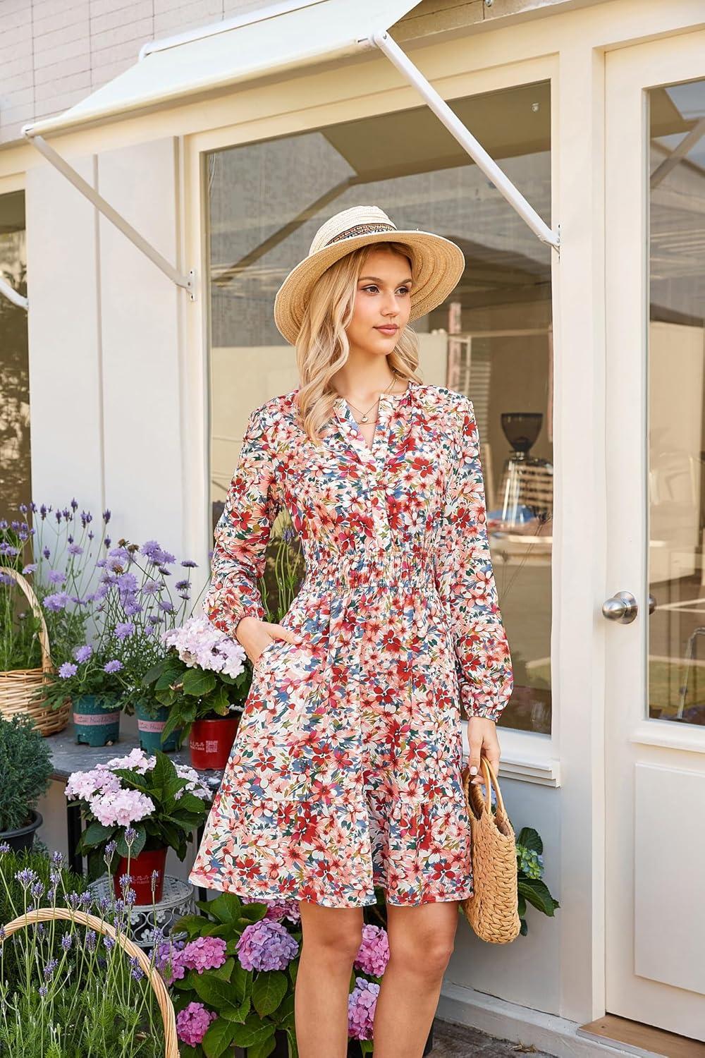 imageGRACE KARIN Spring Dresses for Women 2026Casual Long Sleeve Mini Dress Floral Wedding Guest Dress with PocketsMulticolored