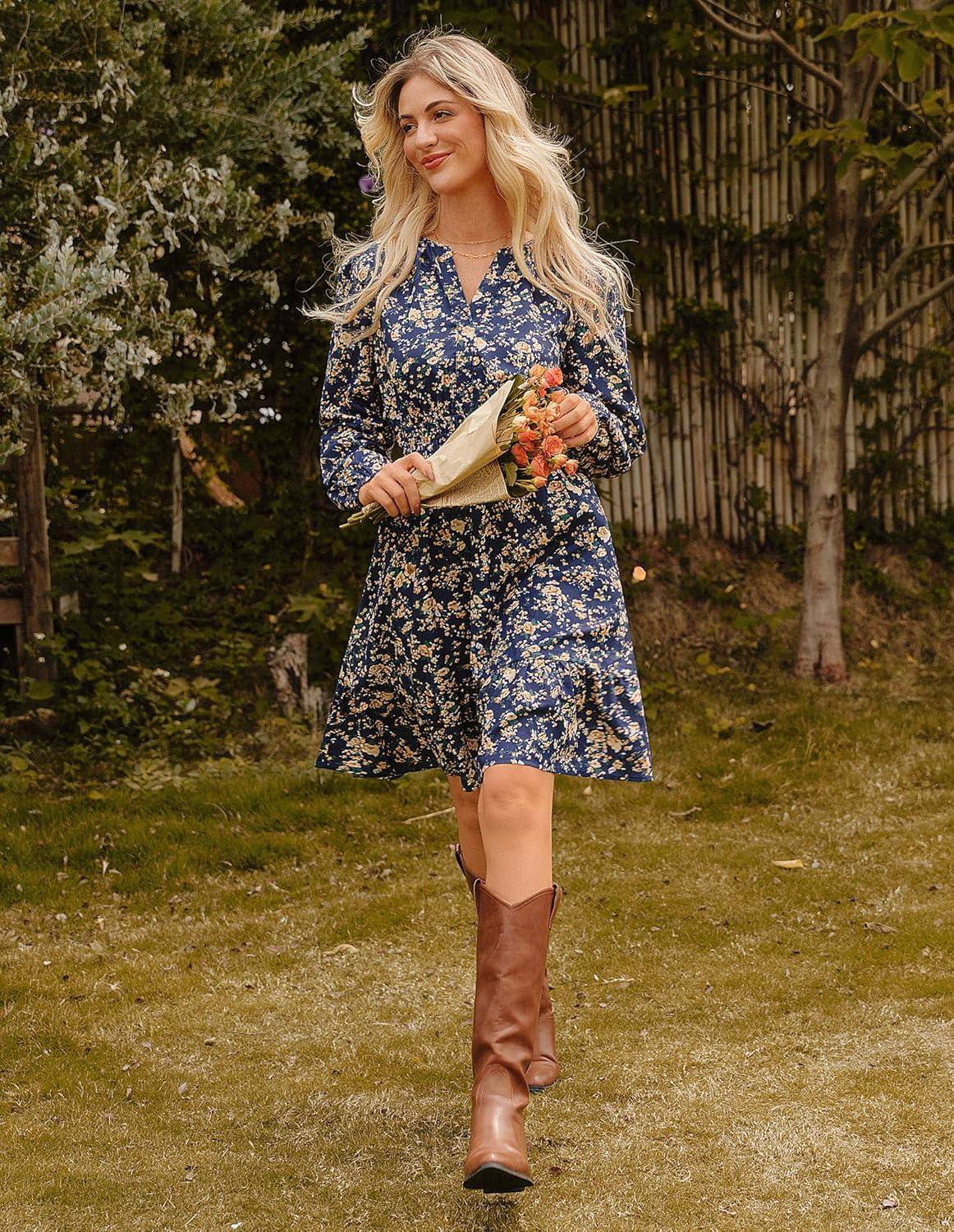 imageGRACE KARIN Spring Dresses for Women 2026Casual Long Sleeve Mini Dress Floral Wedding Guest Dress with PocketsNavy Brown