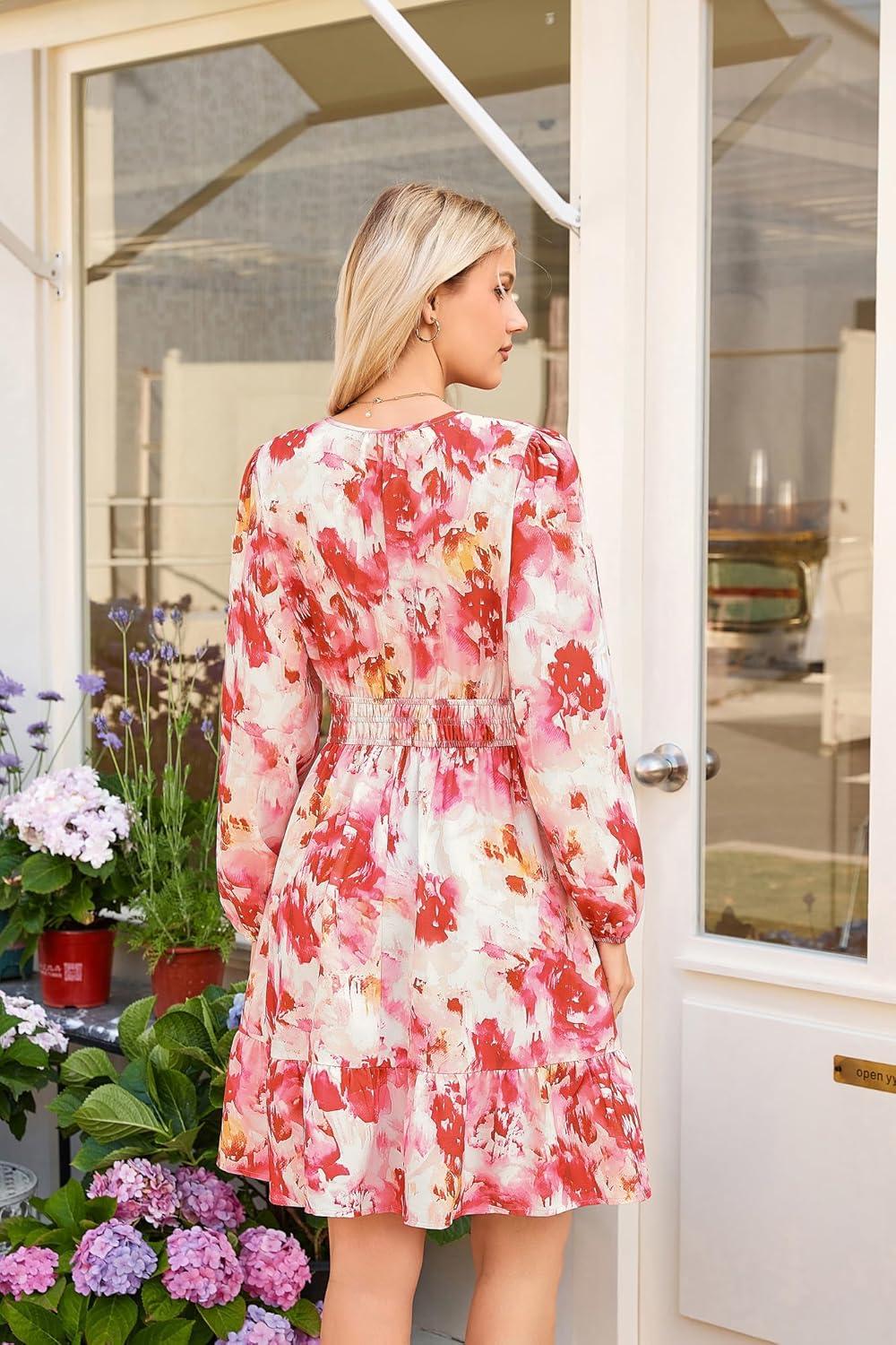 imageGRACE KARIN Spring Dresses for Women 2026Casual Long Sleeve Mini Dress Floral Wedding Guest Dress with PocketsPink Floral