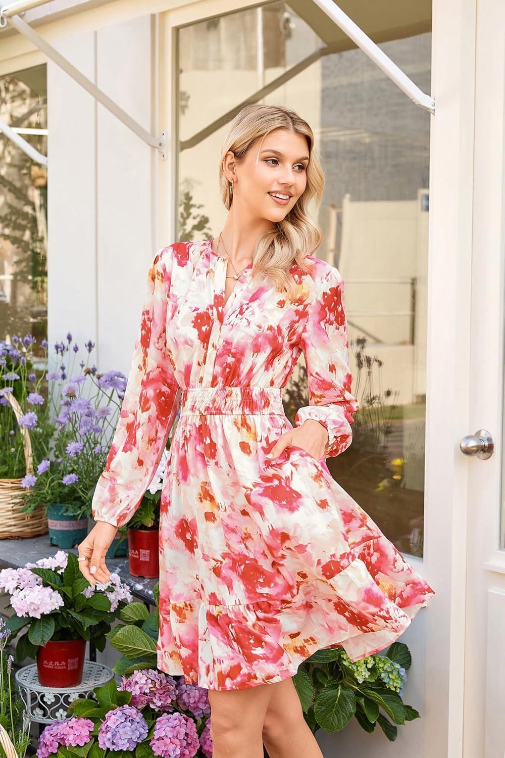 imageGRACE KARIN Spring Dresses for Women 2026Casual Long Sleeve Mini Dress Floral Wedding Guest Dress with PocketsPink Floral