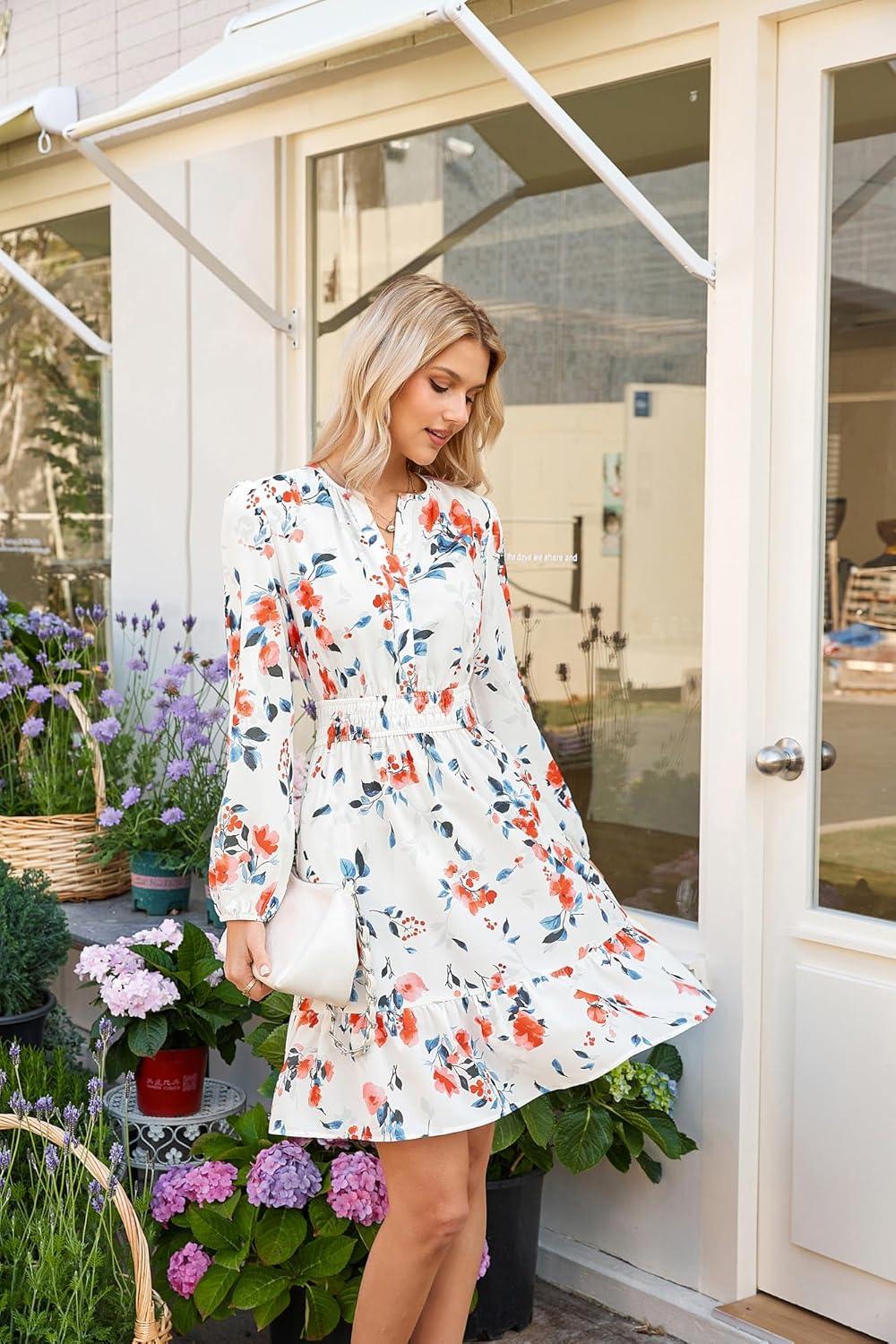 imageGRACE KARIN Spring Dresses for Women 2026Casual Long Sleeve Mini Dress Floral Wedding Guest Dress with PocketsWhite
