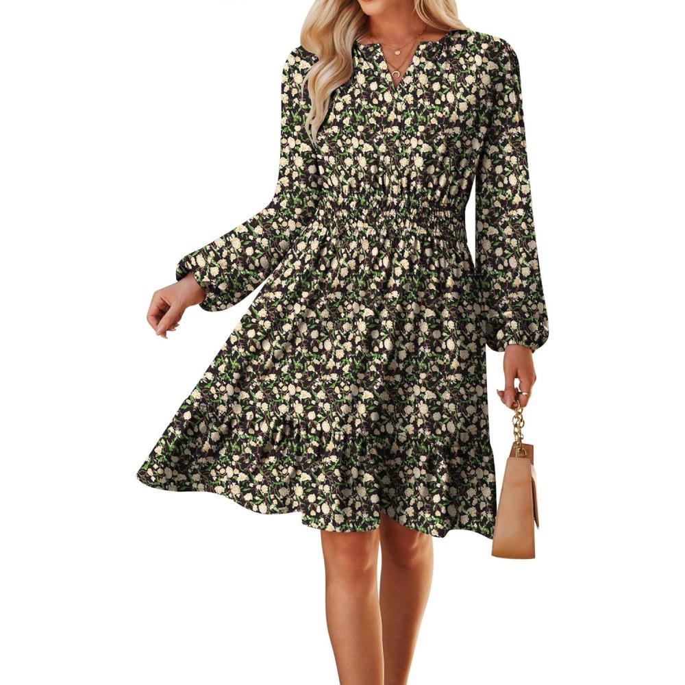 imageGRACE KARIN Spring Dresses for Women 2026Casual Long Sleeve Mini Dress Floral Wedding Guest Dress with PocketsBlack Yellow