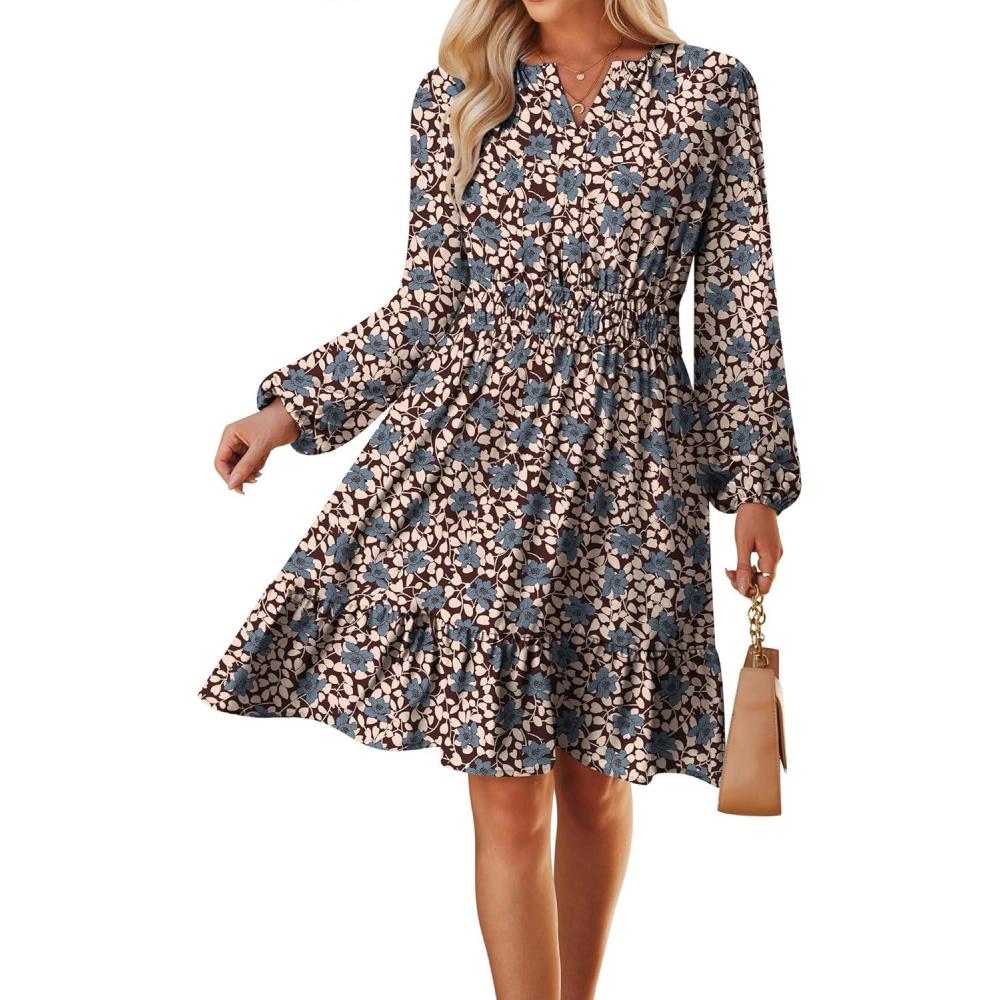 imageGRACE KARIN Spring Dresses for Women 2026Casual Long Sleeve Mini Dress Floral Wedding Guest Dress with PocketsBrown Blue