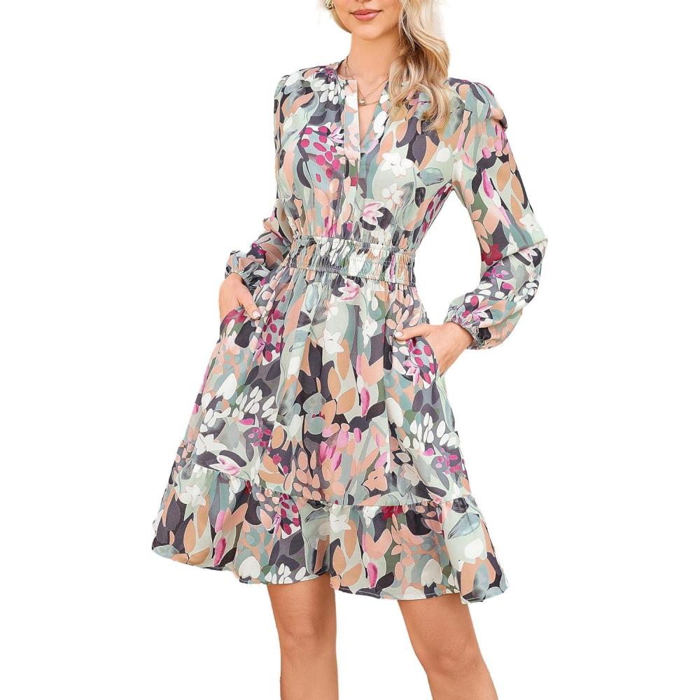 imageGRACE KARIN Spring Dresses for Women 2026Casual Long Sleeve Mini Dress Floral Wedding Guest Dress with PocketsGreen Floral