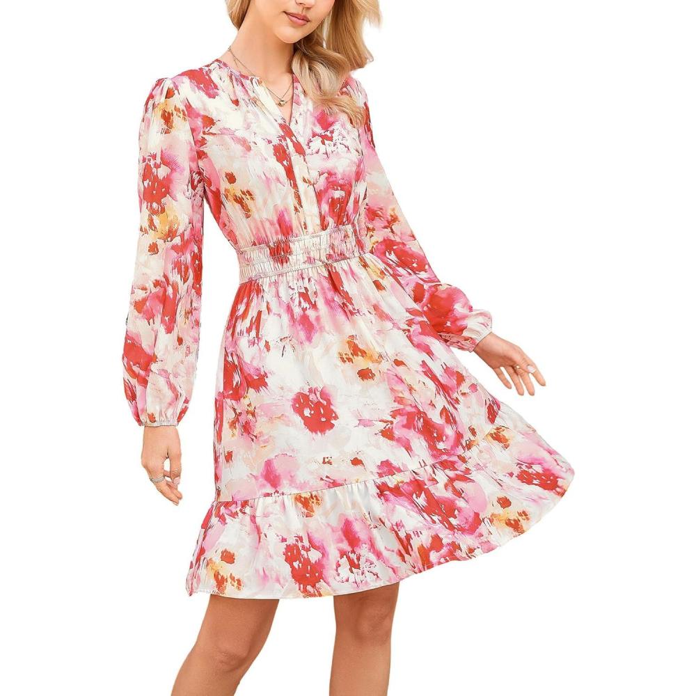 imageGRACE KARIN Spring Dresses for Women 2026Casual Long Sleeve Mini Dress Floral Wedding Guest Dress with PocketsPink Floral