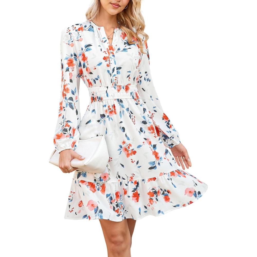 imageGRACE KARIN Spring Dresses for Women 2026Casual Long Sleeve Mini Dress Floral Wedding Guest Dress with PocketsWhite