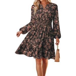 GRACE KARIN Spring Dresses for Women 2026,Casual Long Sleeve Mini Dress, Floral Wedding Guest Dress with Pockets(Black Brown)