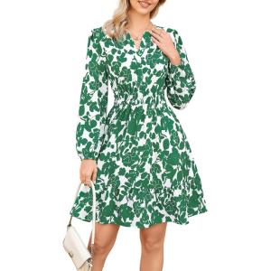GRACE KARIN Spring Dresses for Women 2026,Casual Long Sleeve Mini Dress, Floral Wedding Guest Dress with Pockets(Dark Green Floral)