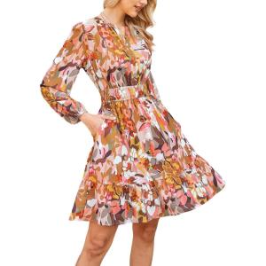 GRACE KARIN Spring Dresses for Women 2026,Casual Long Sleeve Mini Dress, Floral Wedding Guest Dress with Pockets(Khaki Floral)