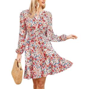 GRACE KARIN Spring Dresses for Women 2026,Casual Long Sleeve Mini Dress, Floral Wedding Guest Dress with Pockets(Multicolored)