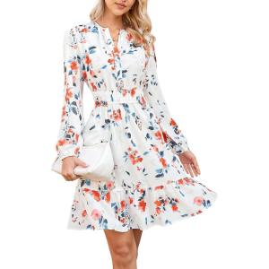 GRACE KARIN Spring Dresses for Women 2026,Casual Long Sleeve Mini Dress, Floral Wedding Guest Dress with Pockets(White)