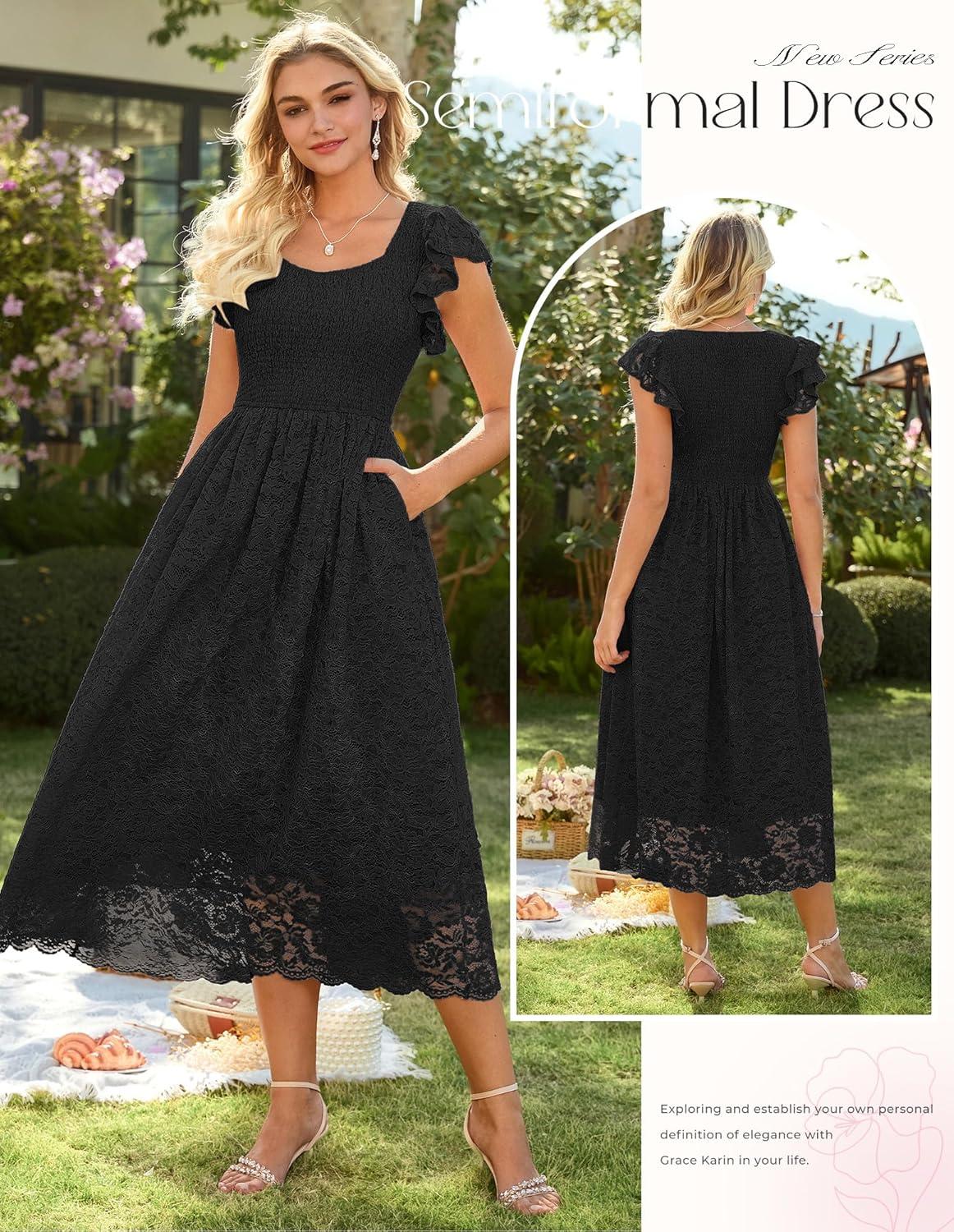 imageGRACE KARIN Womens Cocktail Party DressesLace Wedding Guest DressesV Neck Formal Midi DressBlack
