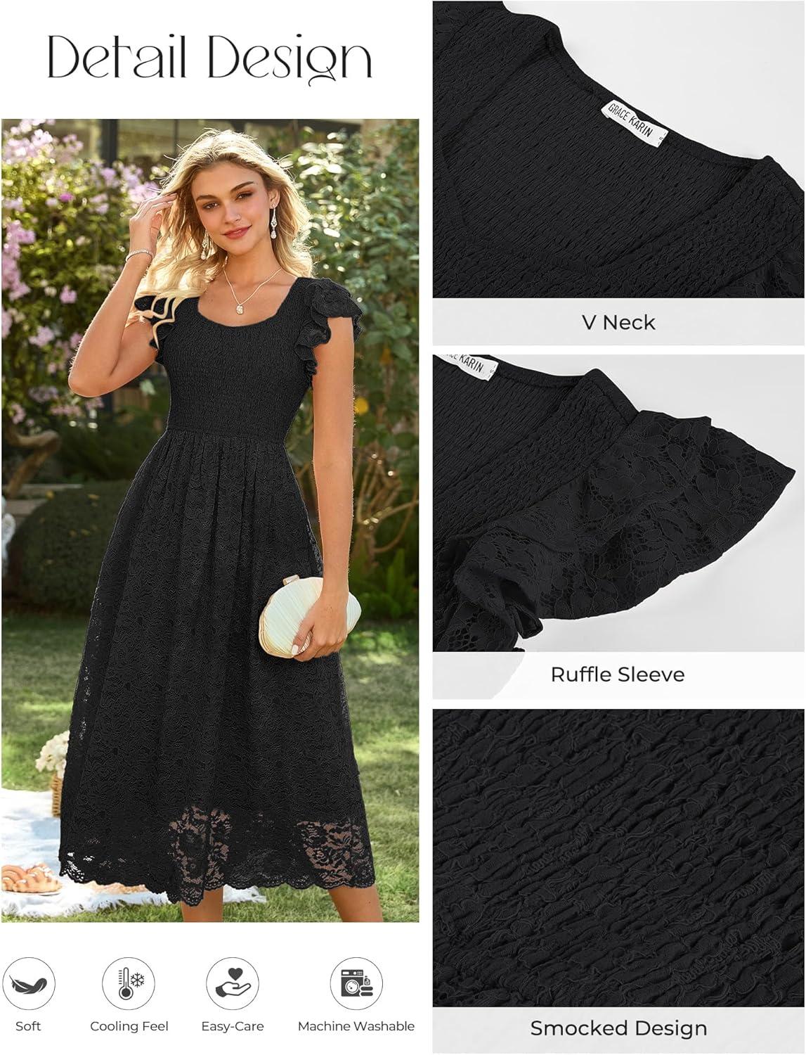 imageGRACE KARIN Womens Cocktail Party DressesLace Wedding Guest DressesV Neck Formal Midi DressBlack